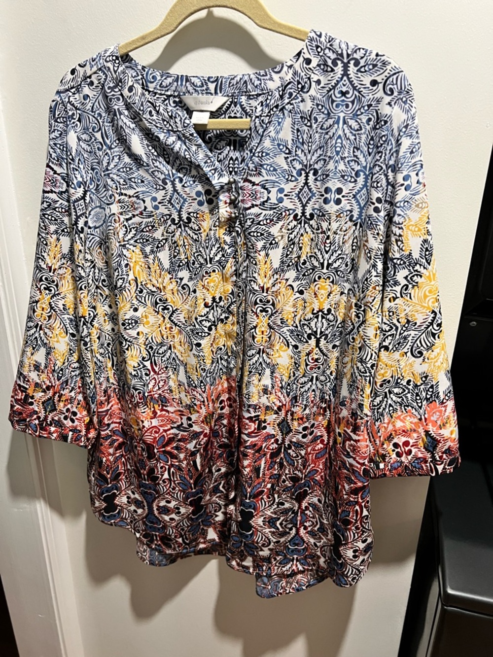 Christopher & Banks Multicolor Printed Button-Front Tunic — Navy, Yellow, Red